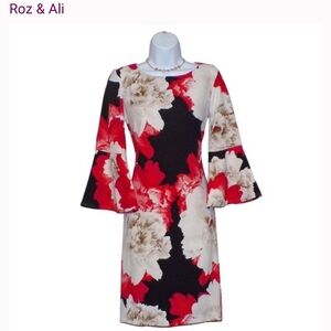 Roz & Ali Floral Bell Sleeve Shift Dress 🌺 Size 14 | Bold Red Beige Black Print